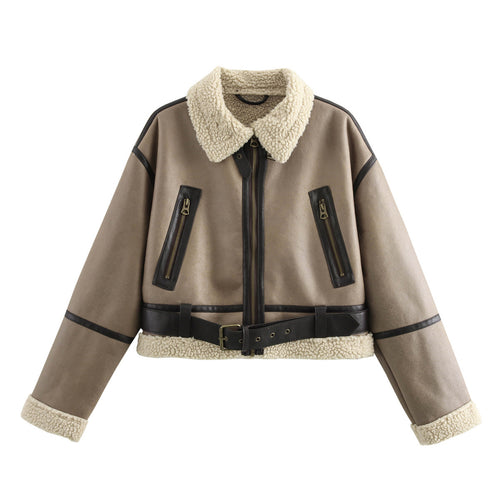 Damen lässige jacke mit Teddyfellkragen und verstellbarem Gürtel EB