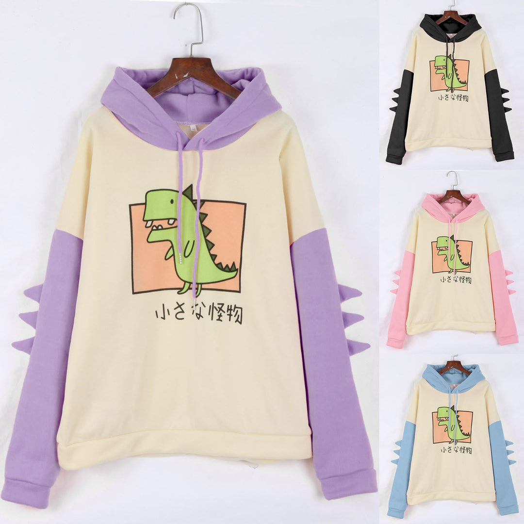 Damen nan Kapuzenpullover mit niedlichem Dinosaurierprint, kuscheligem Innenfutter und dreidimensionalen Ärmeldetails EB