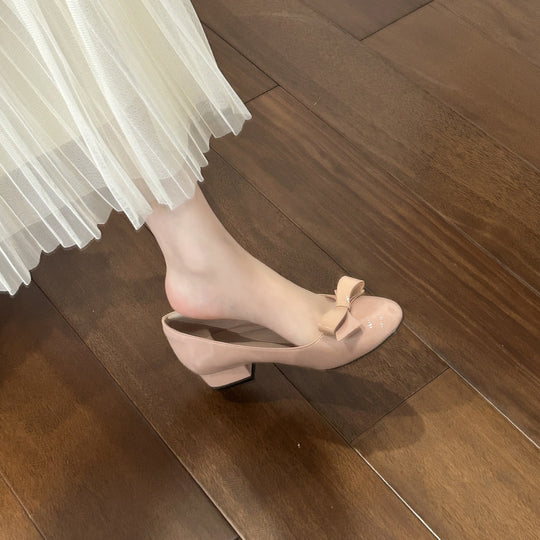 Damen elegante Ballerinas mit dekorativer Schleifenapplikation und komfortablem Blockabsatz EB