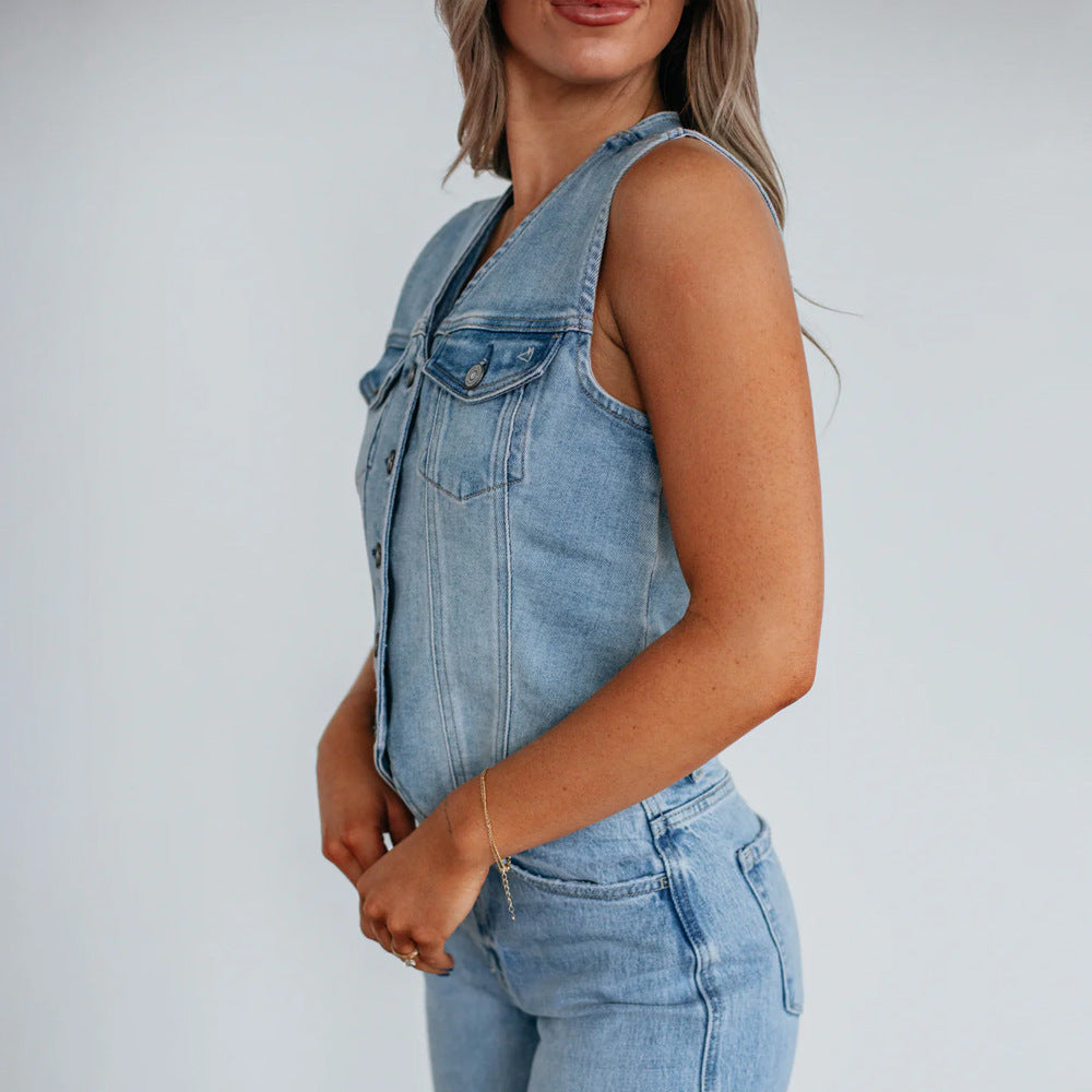 Damen Denim Weste mit Knopfleiste und modernen Schnittrahmen EB