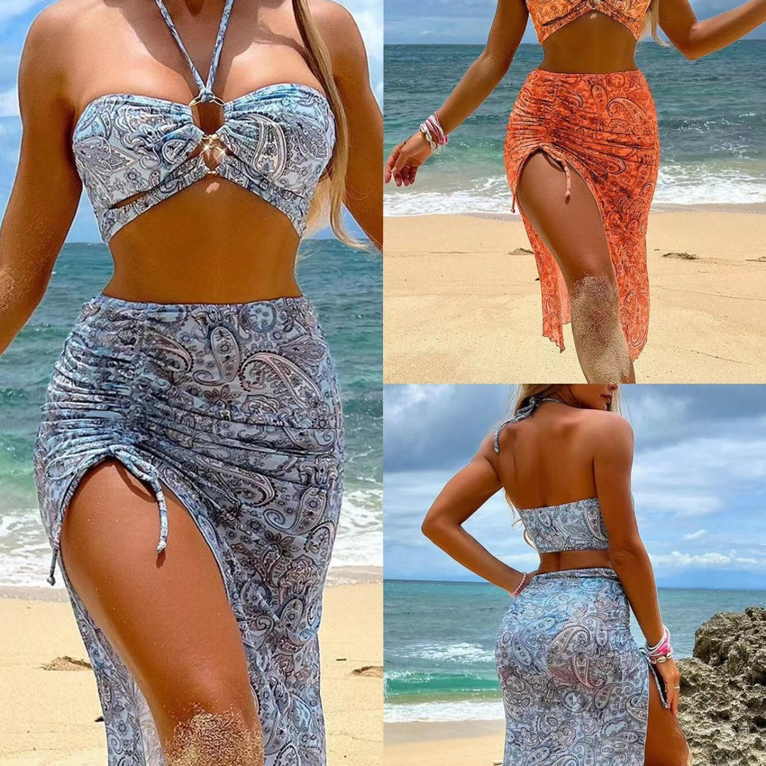 Damen Bikini-Set mit floralem Bandeau-Oberteil und hoch taillierter Rockpartie EB