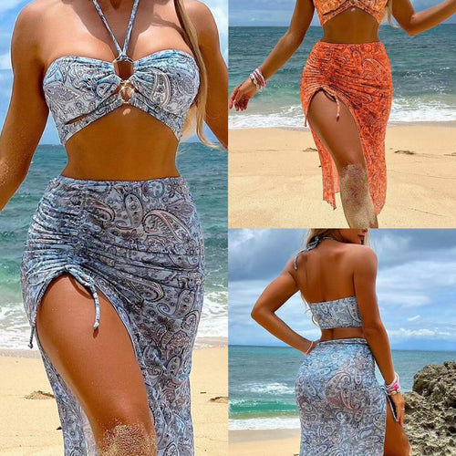Damen Bikini-Set mit floralem Bandeau-Oberteil und hoch taillierter Rockpartie EB
