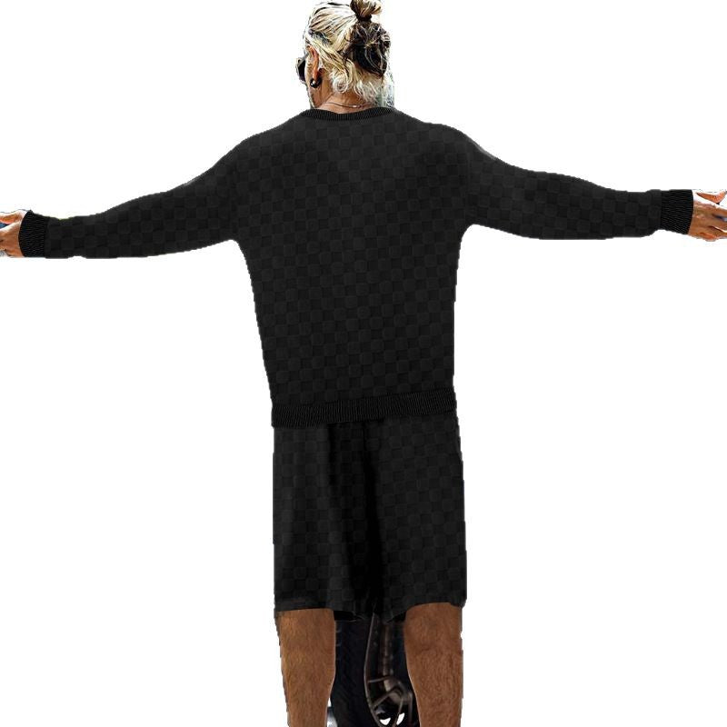 Herren nan oversized Waffelstrick-Lounge-Set mit Crewneck-Sweatshirt und knielangen Bermuda-Shorts EB