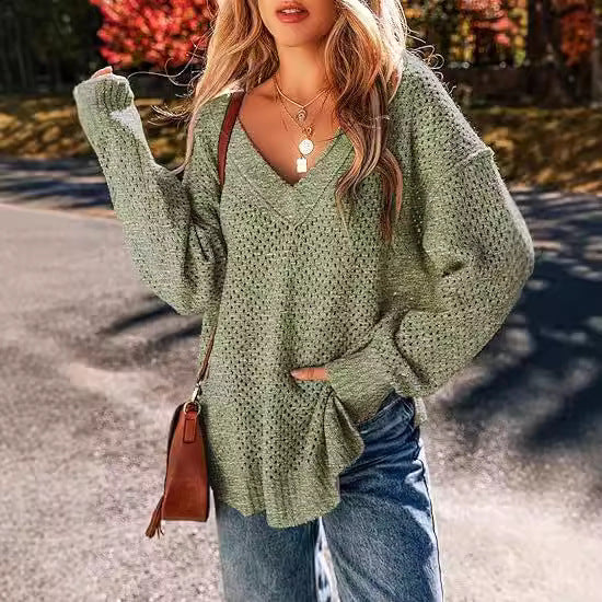 Damen Leicht gestrickter V-Ausschnitt Pullover mit lässigem Schnitt EB