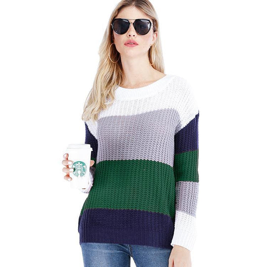 Damen Grobstrickpullover mit modernem Streifenmuster und lässigem Schnitt EB