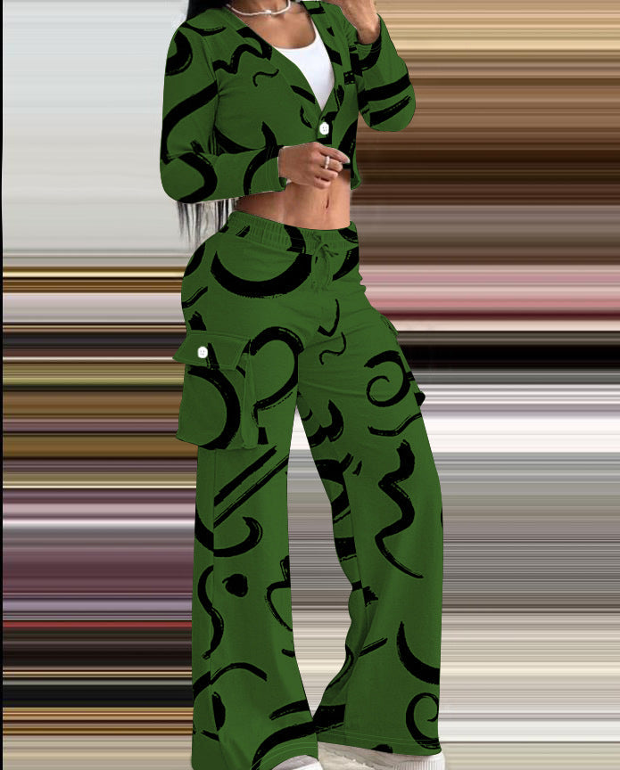 Damen Lässiges Set mit kreativem Print und bequemen Hosen EB