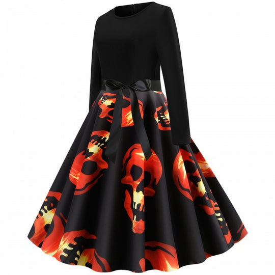Damen Vintage Swing-Kleid mit tailliertem Oberteil, Tellerrock und großflächigem Totenkopf-Print EB