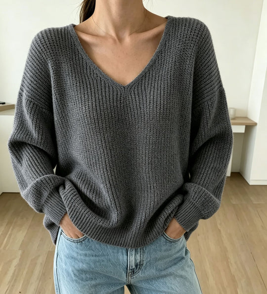 Damen Lässiger Boxy-Grobstrickpullover mit V-Ausschnitt und gerippten Bündchen EB