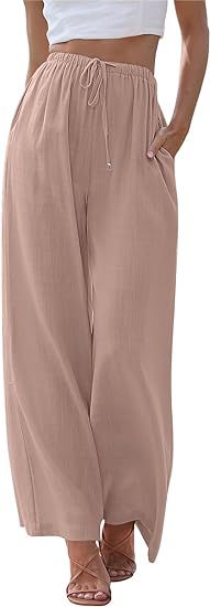 Damen nan weite Leinenhose mit elastischem Bund Kordel und Seitentaschen EB