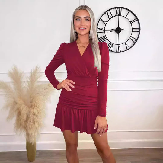 Damen Figurumspielendes Wickelkleid mit langen Ärmeln und Rüschensaum EB