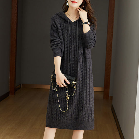 Damen Strick-Hoodie-Kleid mit Kordelzug EB