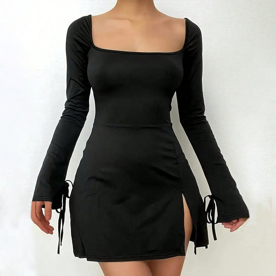 Damen figurbetontes Minikleid mit eckigem Ausschnitt Trompetenärmeln und seitlichem Schlitz Eichborn Berlin