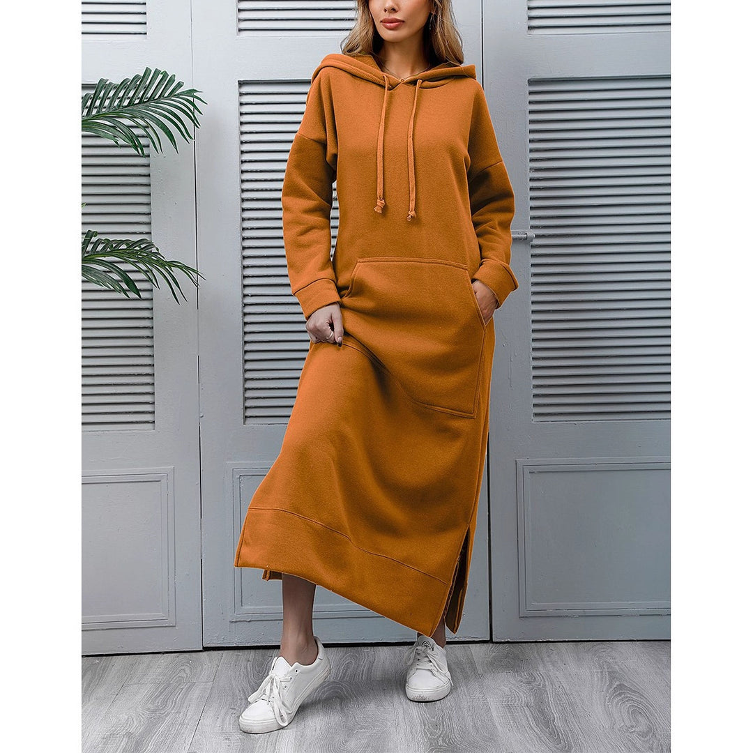 Damen nan langes Kapuzen-Sweatkleid mit Kängurutasche, Seitenschlitzen und lockerer Oversize-Passform EB