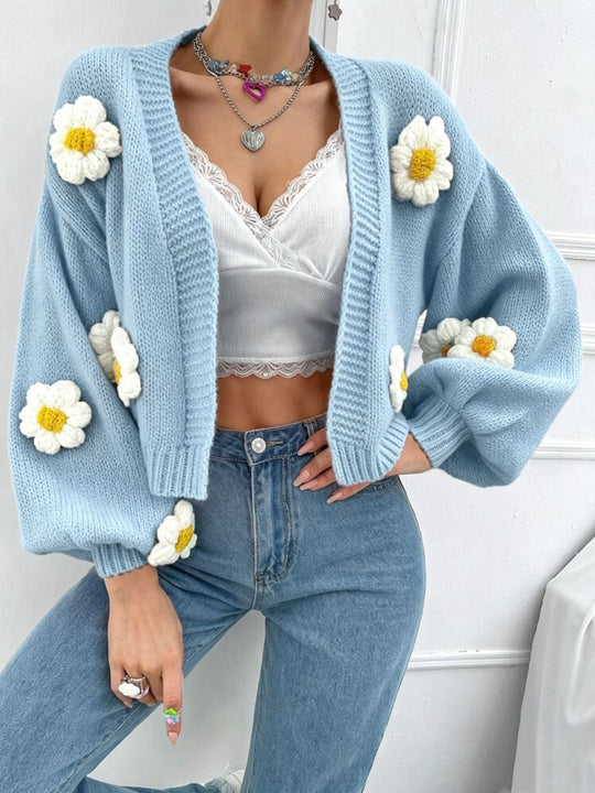 Damen Kurzgeschnittener Grobstrick-Cardigan mit 3D-Blütenapplikationen EB