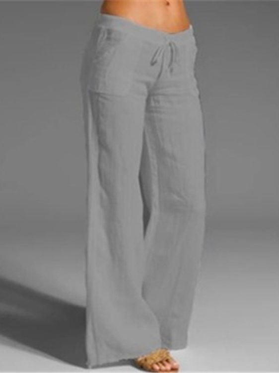 Damen weite Leinenhose mit hochgezogenem Bund und seitlichen Taschen EB