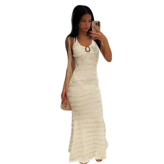 Damen Strick-Maxikleid mit verführerischem Wasserfall-Ausschnitt und feinen Rippendetails EB