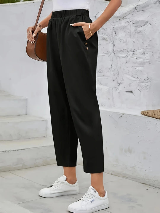 Damen Schnittige Chino-Hose mit elastischem Bund und dekorativen Knopfdetails EB