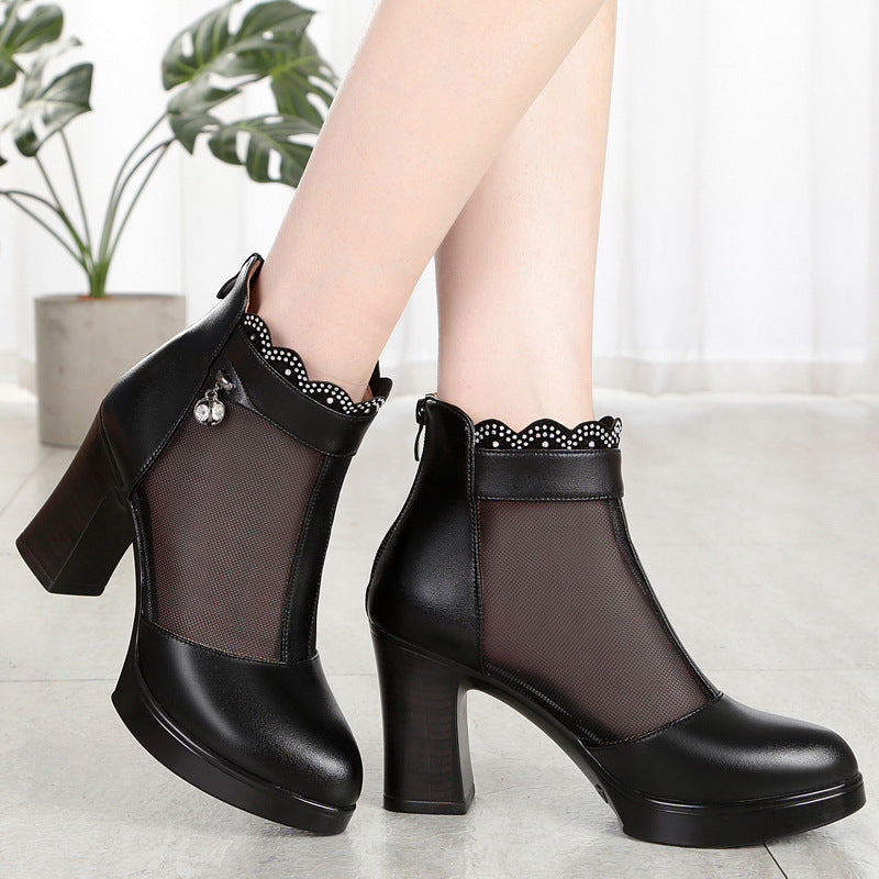 Damen Modische Peep-Toe Stiefeletten mit eleganter Mesh-Ansicht und hohem Blockabsatz EB