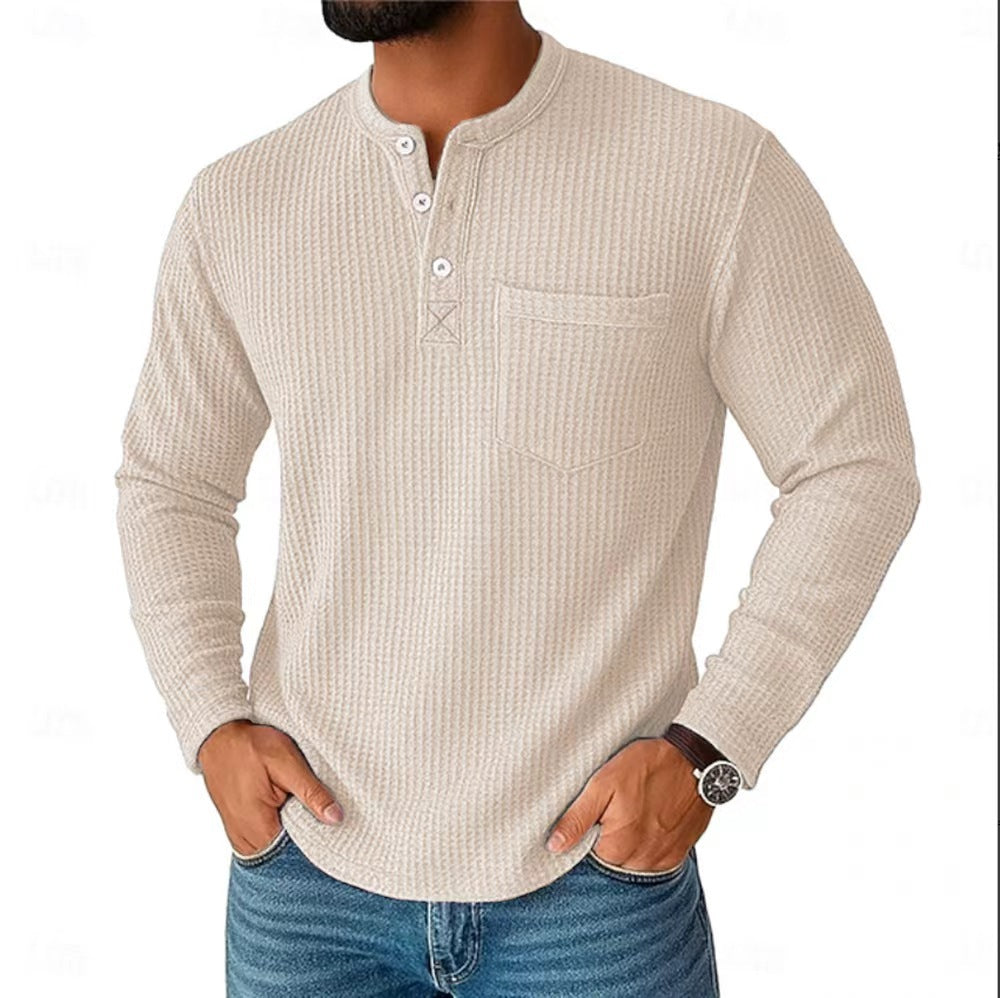 Herren nan Langarm Henley mit Waffelstruktur und Brusttasche thermisches Langarmshirt EB