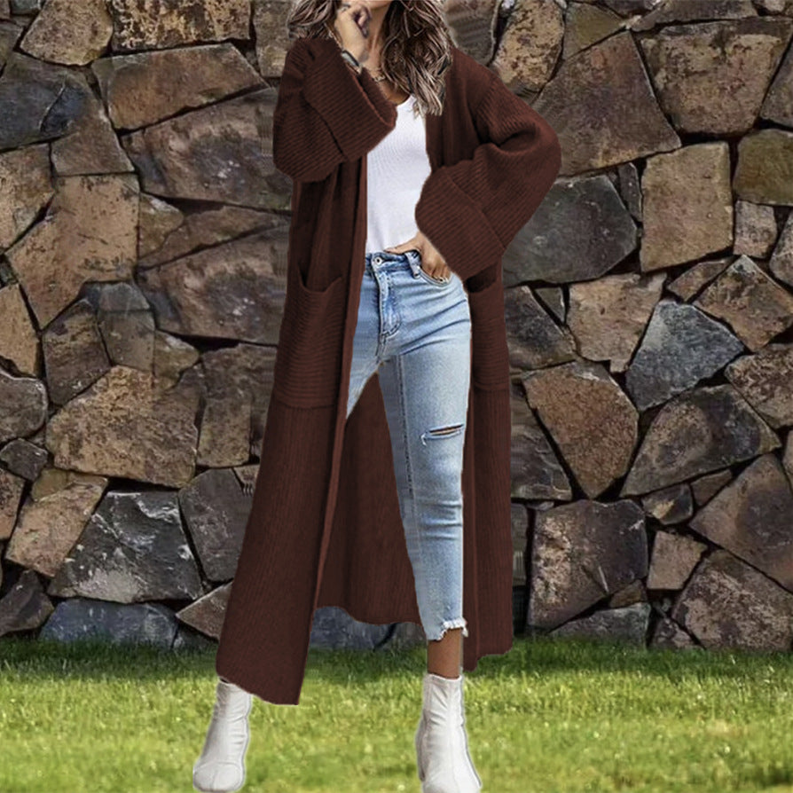Damen Lange Strickjacke mit modischer Struktur und praktischen Taschen EB