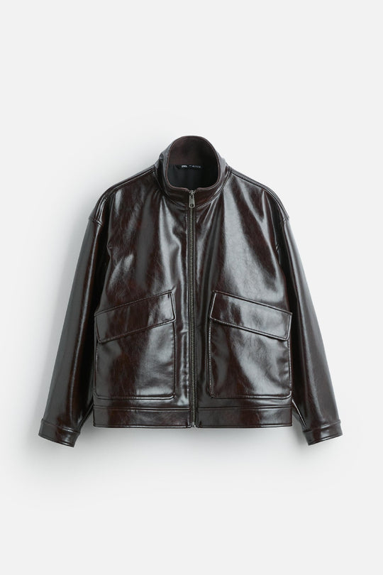 Damen Kunstlederjacke mit luxuriösen großen Taschen EB