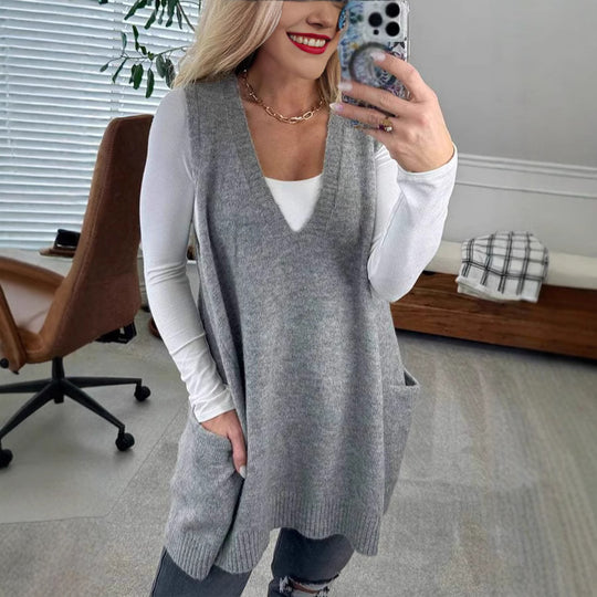 Damen Bequemer Strick-Poncho mit seitlichen Taschen EB