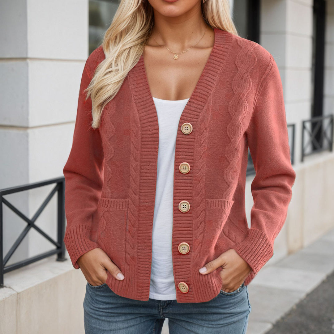 Damen nan längerer Strickcardigan mit Kabelstruktur, V-Ausschnitt und Holzknopfleiste EB