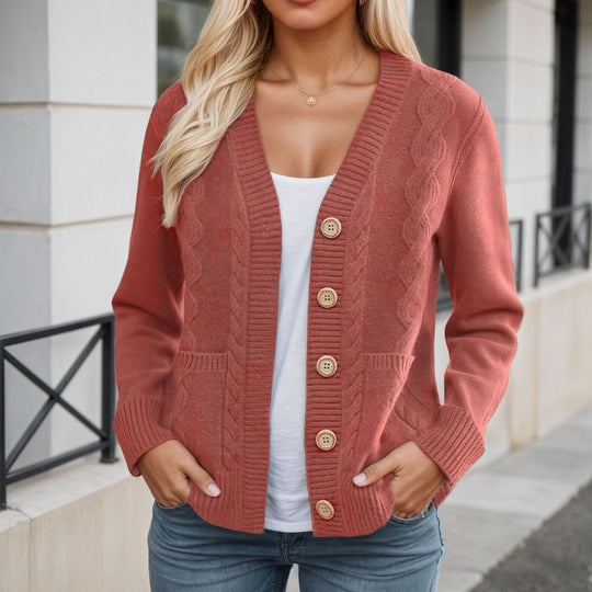 Damen nan längerer Strickcardigan mit Kabelstruktur, V-Ausschnitt und Holzknopfleiste EB