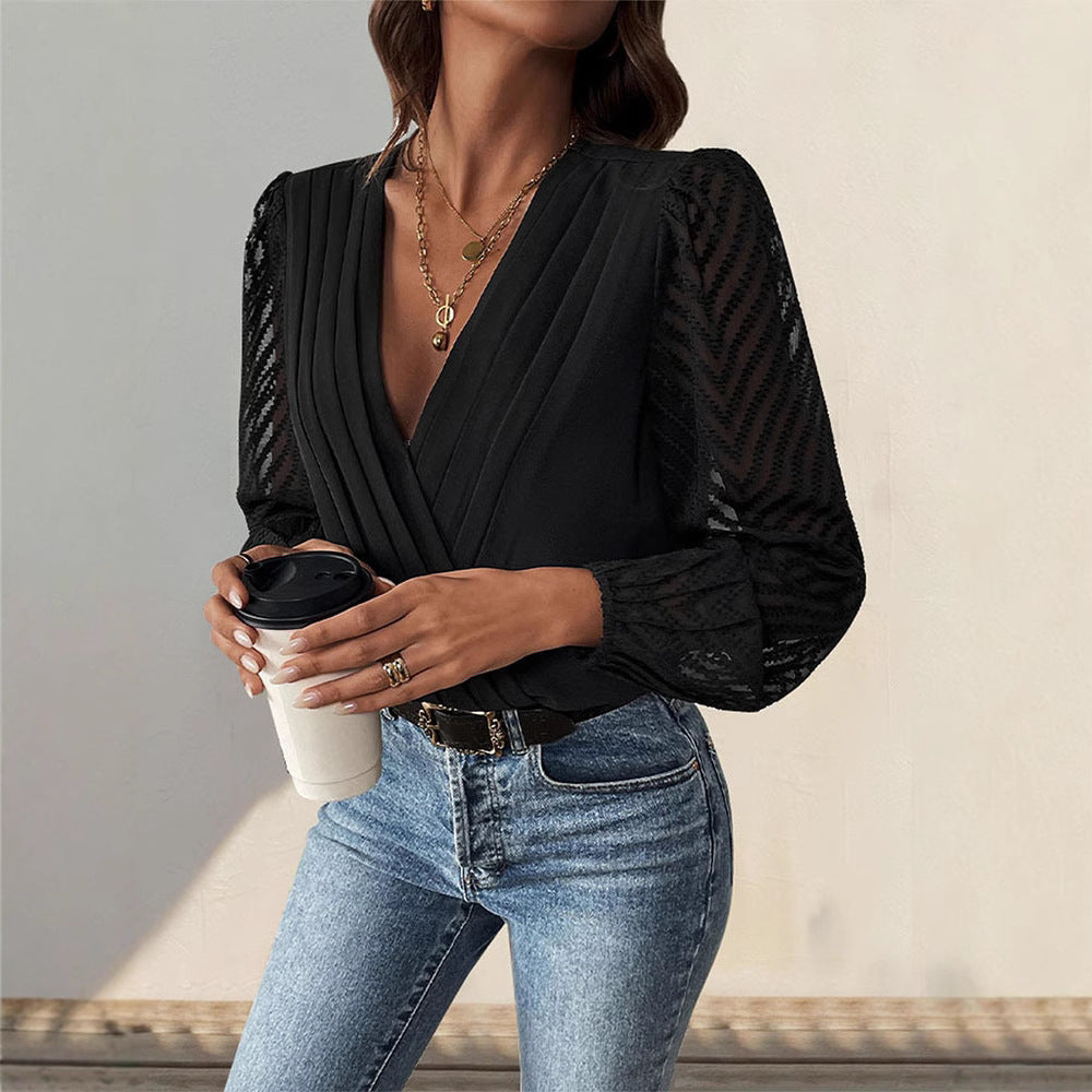 Damen elegantes Body mit voluminösen Ärmel und tiefem V-Ausschnitt EB