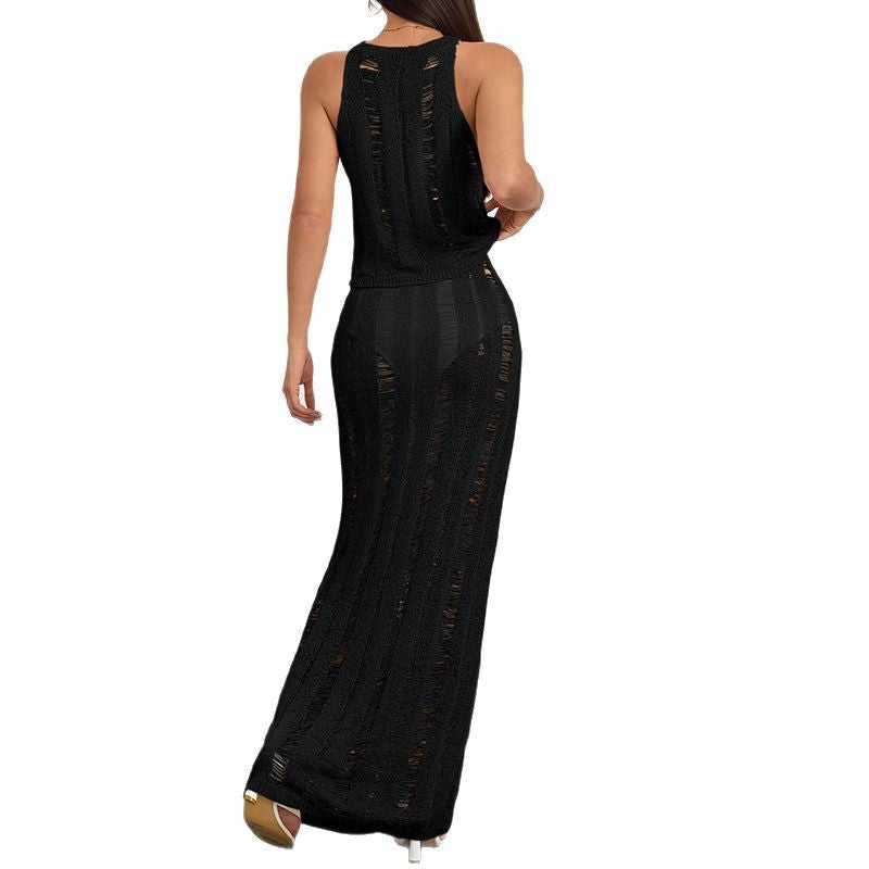 Damen Maxikleid mit transparenter Häkelstruktur und modischen Cut-Outs EB