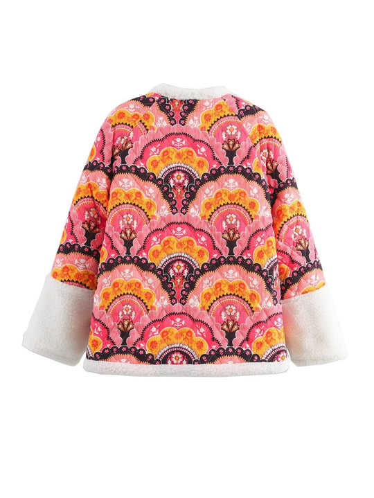 Damen gesteppte Übergangsjacke mit floralem Muster und kuscheligem Fleece EB