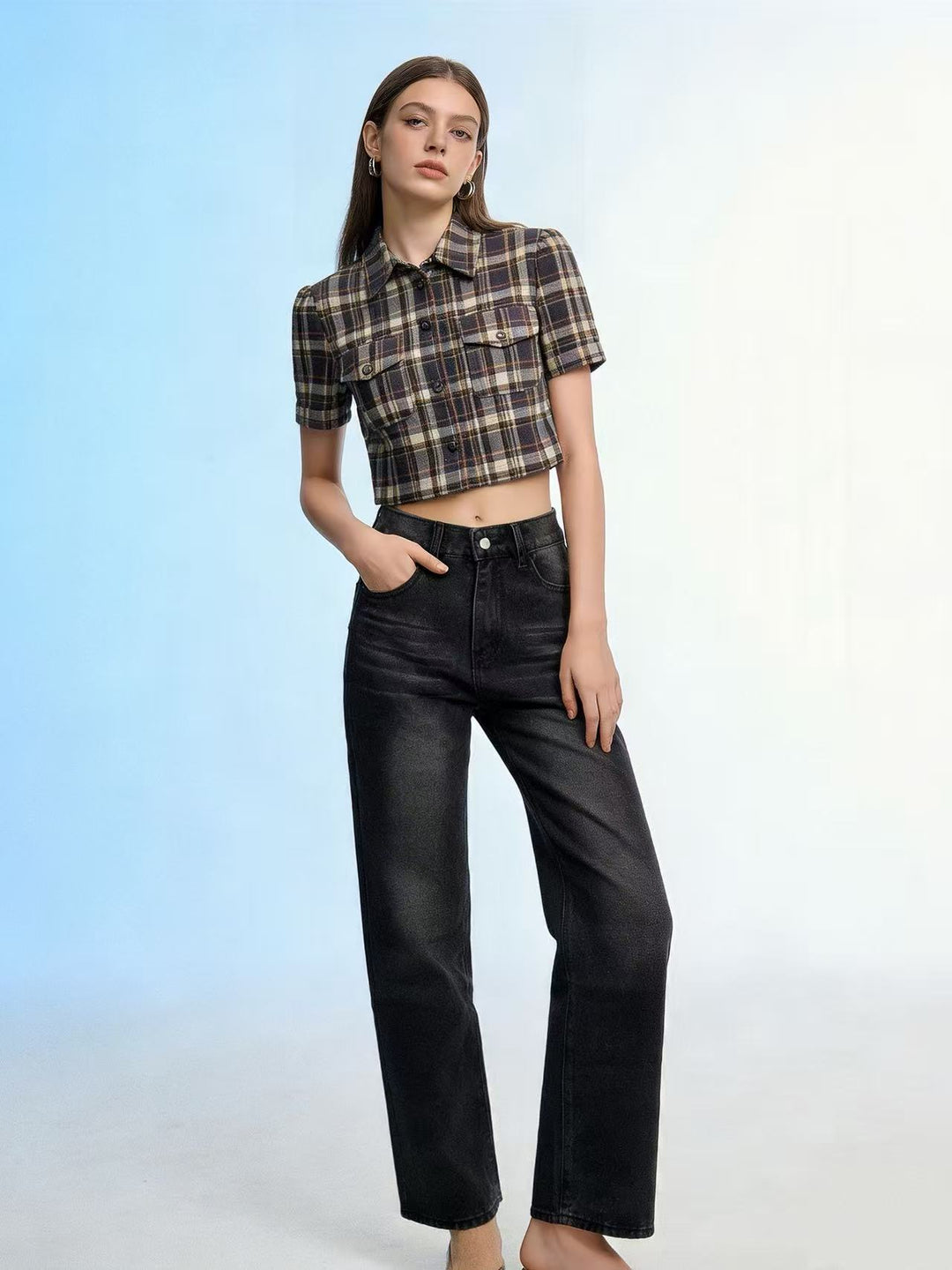 Damen nan hochgeschnittene Jeans mit schmaler Hüftpassform und weitem Schlag im Retro-Stil EB