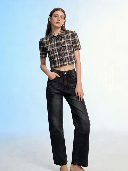 Damen nan hochgeschnittene Jeans mit schmaler Hüftpassform und weitem Schlag im Retro-Stil EB