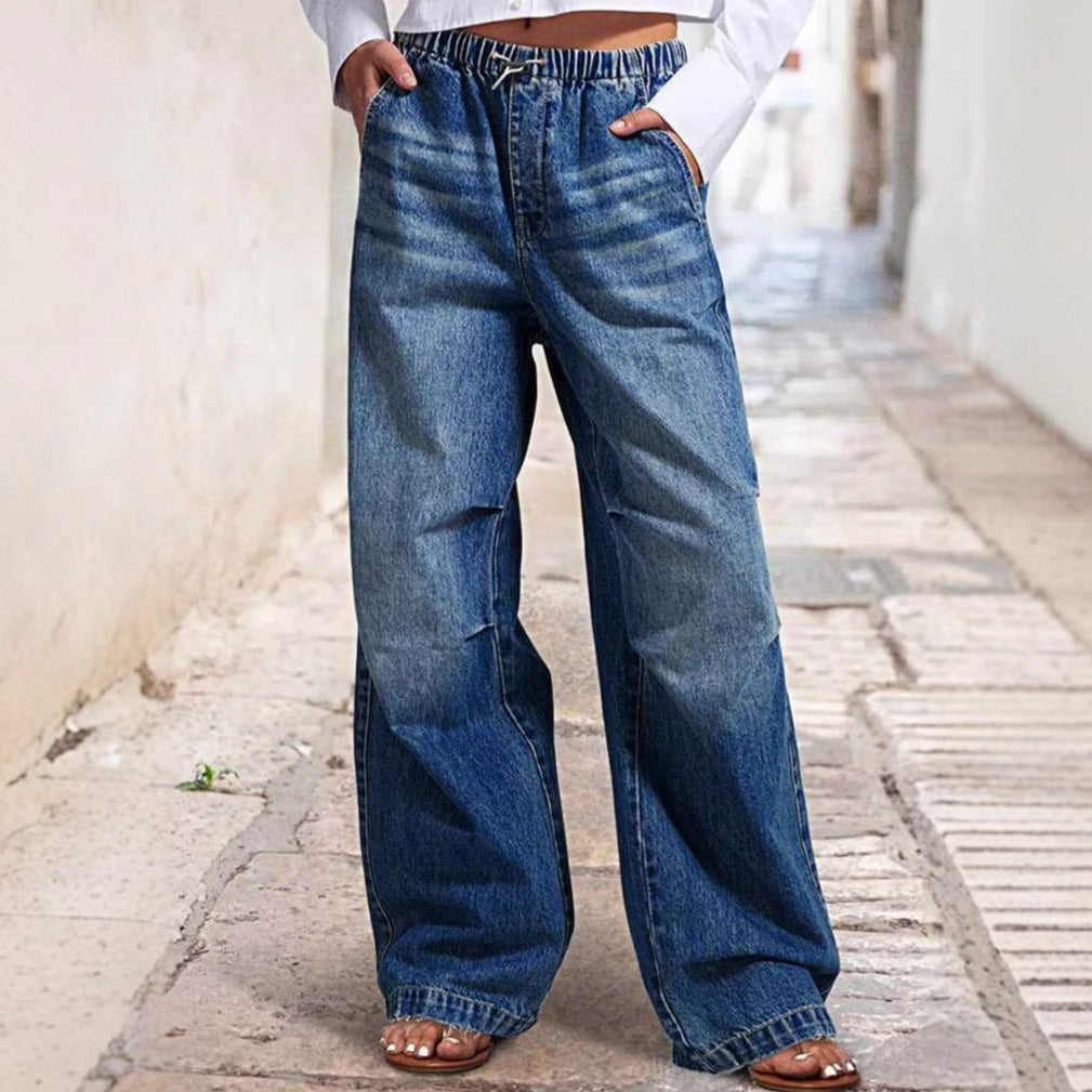 Damen Weite Denim-Hose mit elastischem Bund und hohen Taschen EB