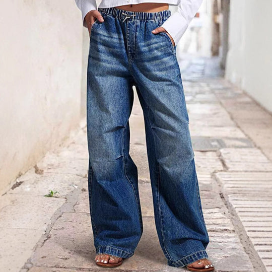 Damen Weite Denim-Hose mit elastischem Bund und hohen Taschen EB