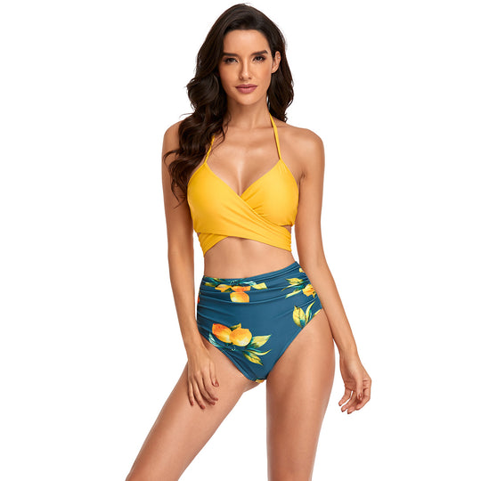 Damen Hochtailliertes Bikini-Set mit Wickeloberteil und floralen Akzenten EB
