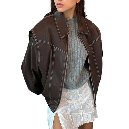 Damen modische Kunstlederjacke mit auffälligem Kragen EB