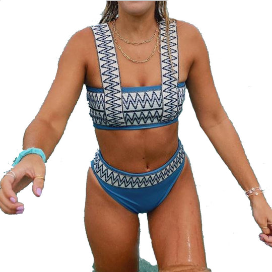 Damen Sportlicher Bikini mit breiten Trägern und geometrischem Muster EB