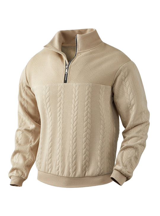 Herren nan texturierter Strickpullover mit Halbzip, geflochtenem Zopfmuster und hohem Stehkragen EB