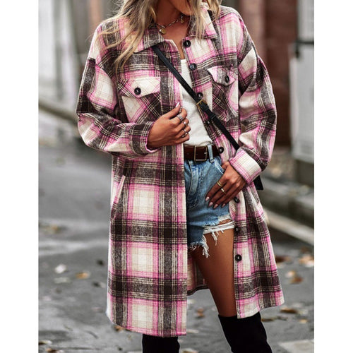 Damen Langarmhemdjacke im Karomuster mit großen Taschen EB