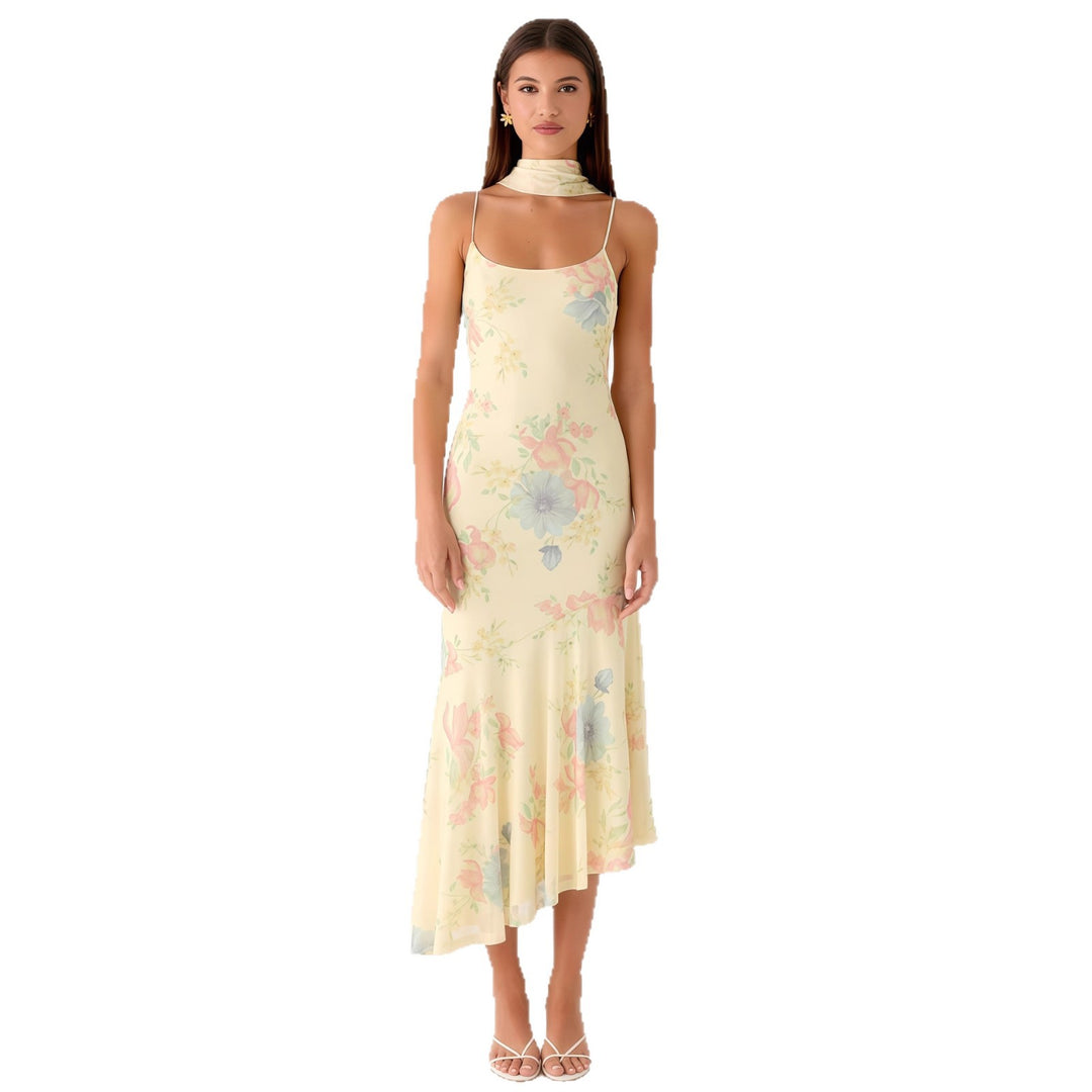 Damen Elegantes Maxikleid mit blumigem Chiffon-Design und Neckholder-Ausschnitt EB