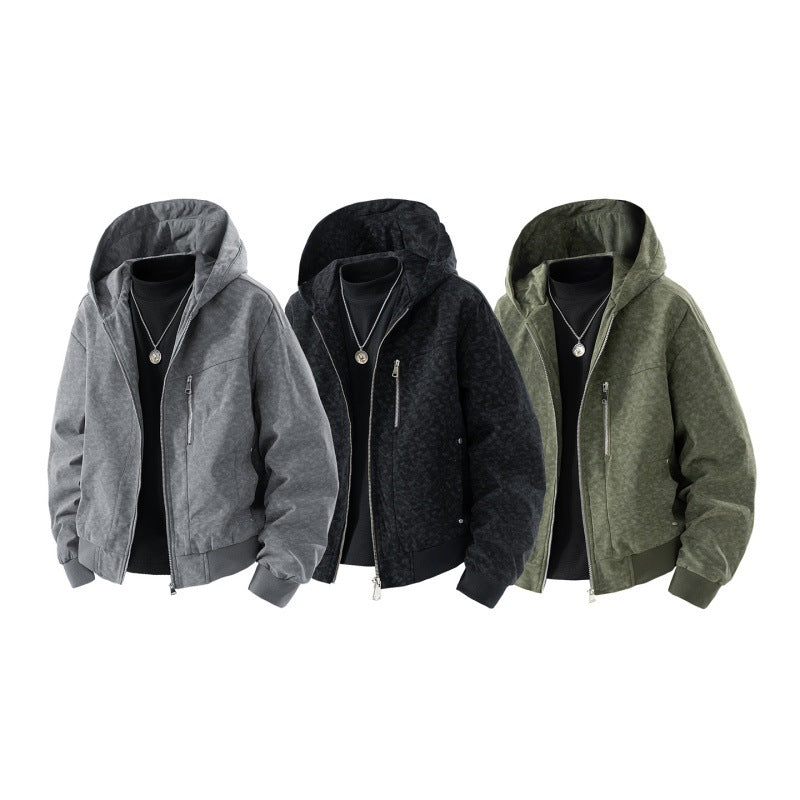 Herren Kapuzenblouson im Vintage-Suede-Look mit durchgehendem Reißverschluss und Rippenbündchen EB