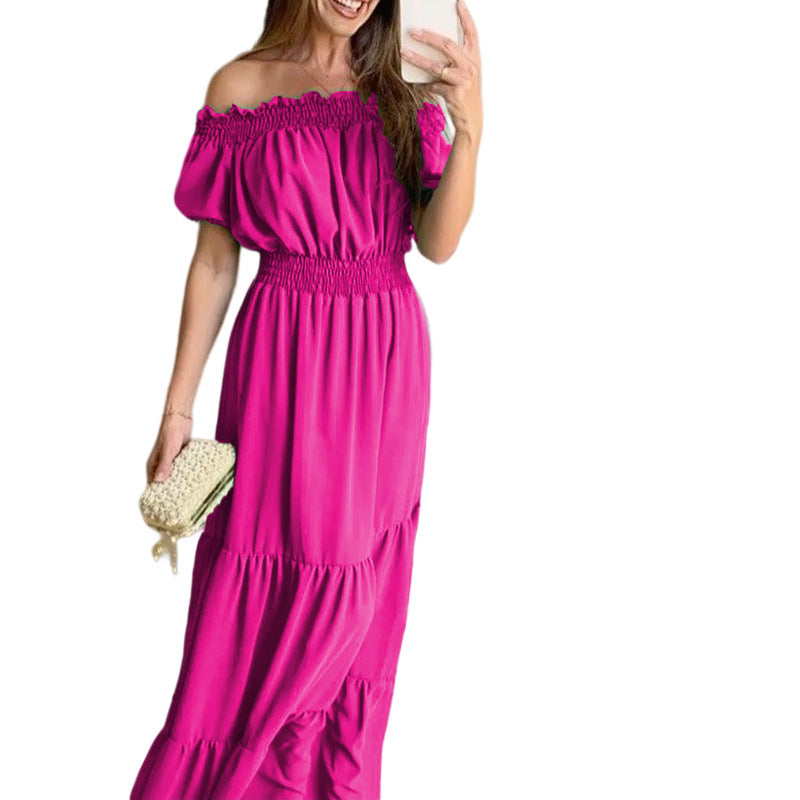 Damen Off-Shoulder Maxikleid mit elastischem Bund und Rüschendetails EB