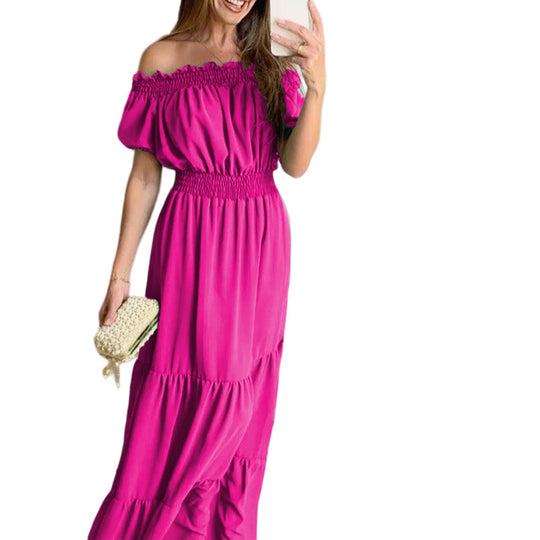 Damen Off-Shoulder Maxikleid mit elastischem Bund und Rüschendetails EB
