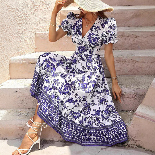 Damen nan boho-inspiriertes Maxikleid mit geraffter Empire-Taille, kurzen Puffärmeln und dekorativem Bordürenprint EB