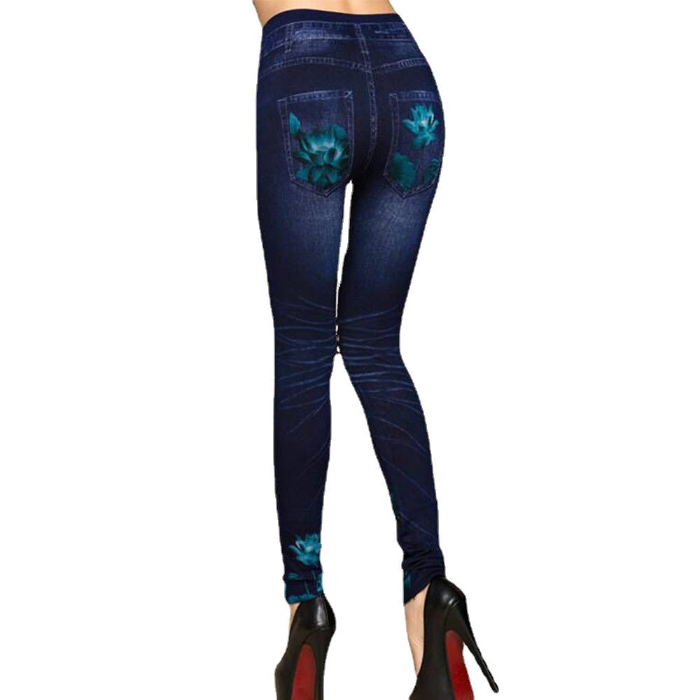 Damen Leggings im floralen Denim-Look mit-hohem Bund und figurformendem Schnitt EB