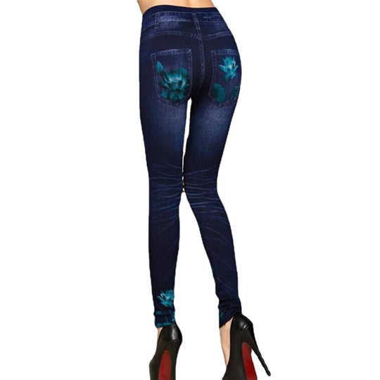 Damen Leggings im floralen Denim-Look mit-hohem Bund und figurformendem Schnitt EB
