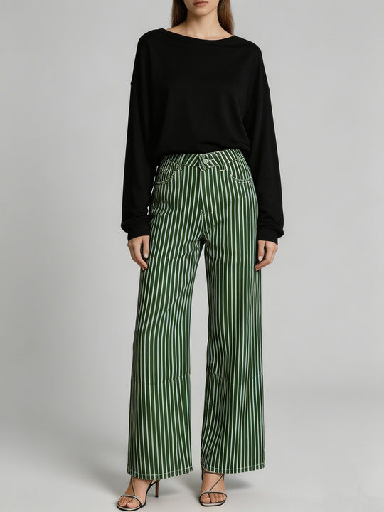 Damen nan weite High-Waist Palazzohose mit vertikalen Streifenoptik und abgesteppten Kniepartien EB