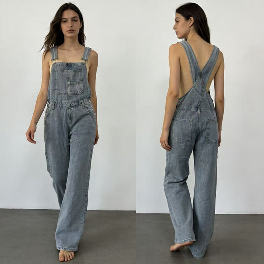 Damen nan weiche Denim-Latzhose mit weitem Bein, verstellbaren Trägern und Pattentasche EB