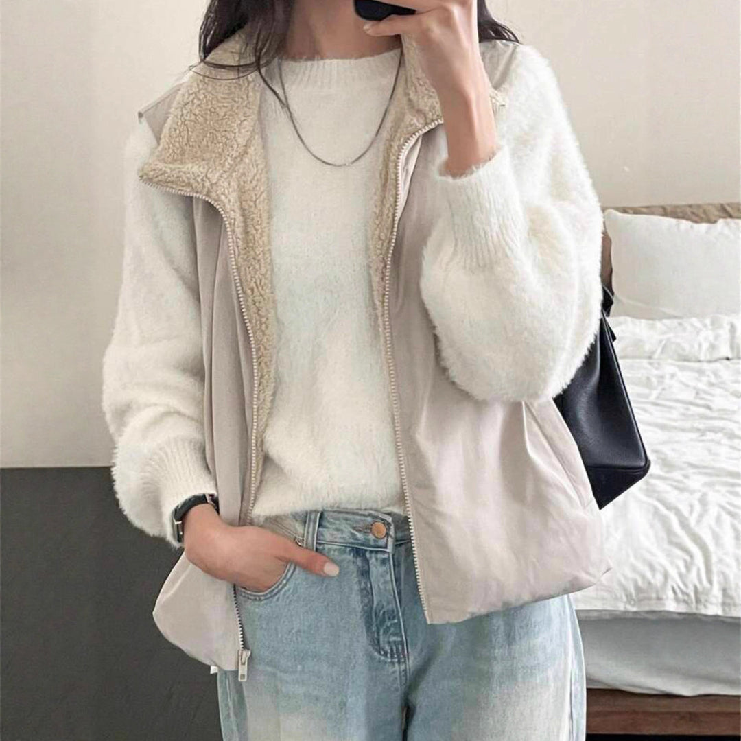 Damen Kurzgeschnitteter Flauschpullover mit Ballonärmeln und Rundhalsausschnitt EB